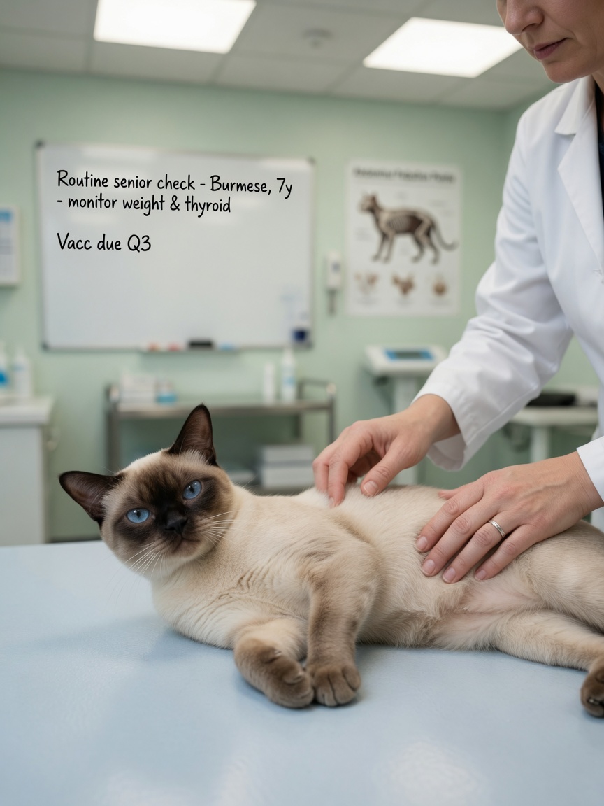 A Burmese cat being examined by a veterinarian for bladder stones, showing abdominal palpation technique