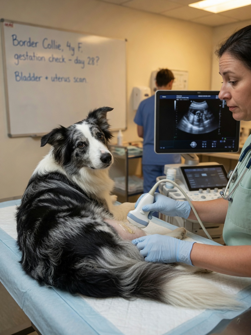 Veterinarian performing ultrasound examination on a dog to detect bladder stones