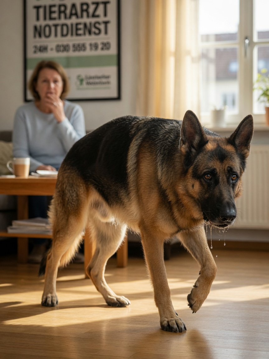 German Shepherd pacing anxiously indoors showing restlessness and signs of abdominal discomfort