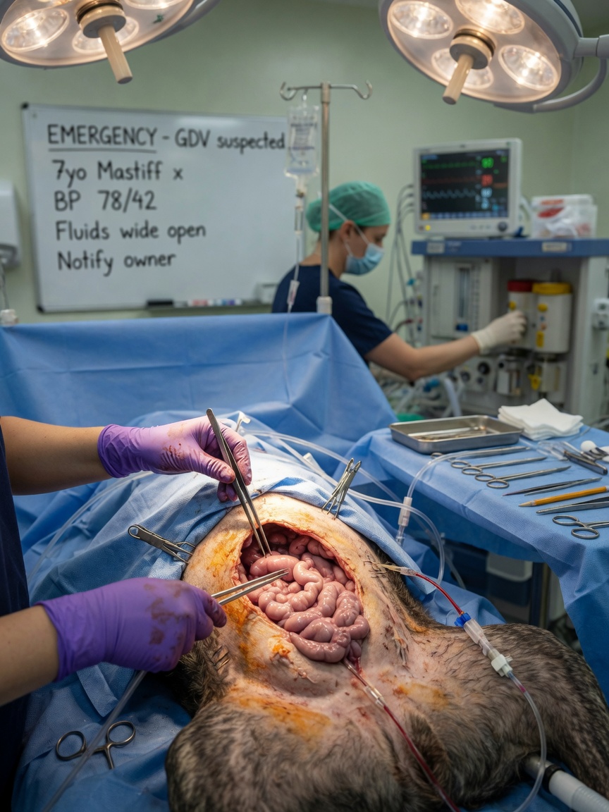 Veterinary surgeon performing emergency abdominal surgery on a large dog in operating theatre