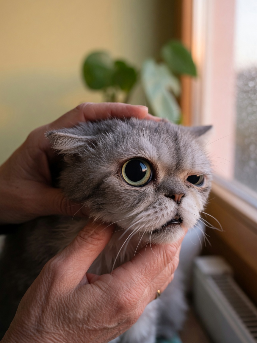 Close-up van oog van oudere kat met tekenen van hypertensieve schade met verwijde pupil