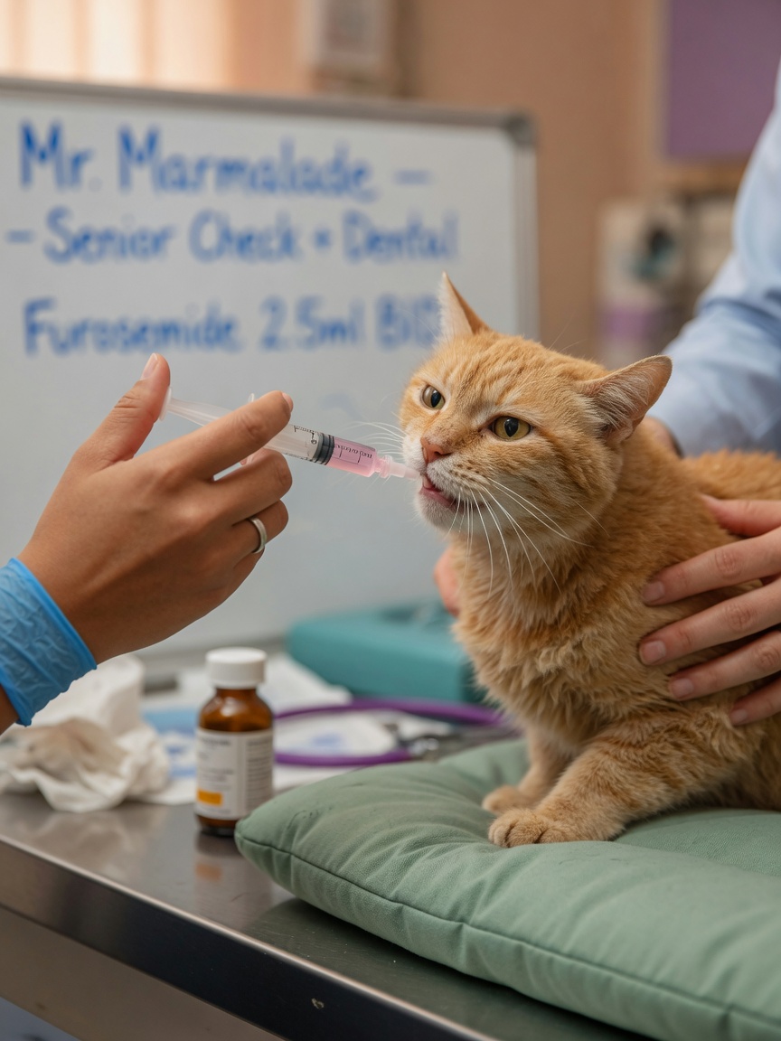 Dierenarts die antihypertensief medicijn toedient aan oudere kat tijdens behandeling