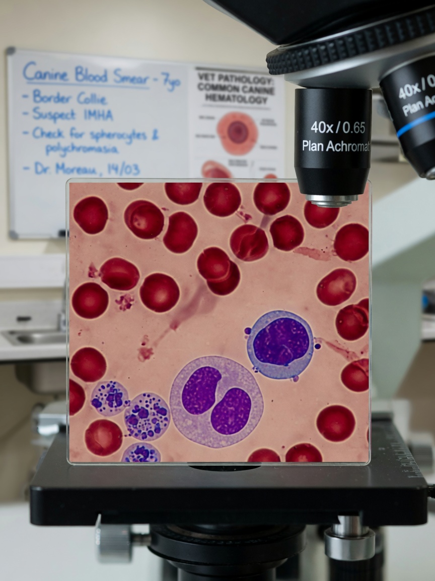 Blood smear slide under microscope showing red blood cells, white blood cells, and platelets
