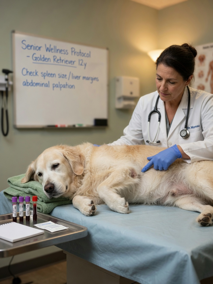 Veterinarian examining a senior golden retriever during liver and kidney assessment