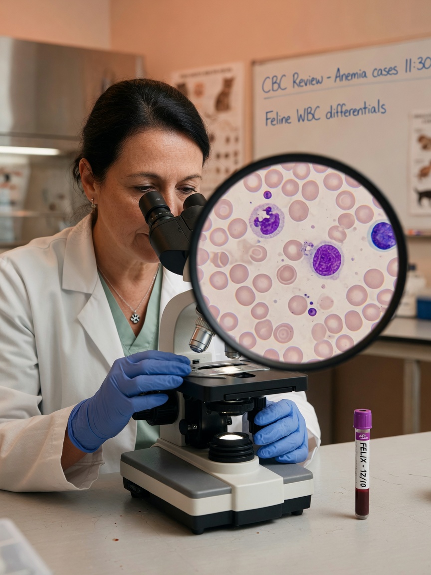 Blood sample being examined under a microscope in a veterinary laboratory