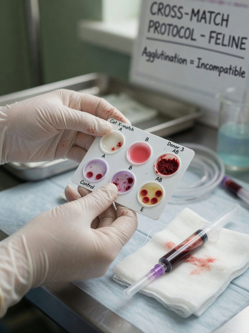 Cartão de tipagem de sangue mostrando procedimento de compatibilidade cruzada com mãos enluvadas do veterinário realizando teste de compatibilidade