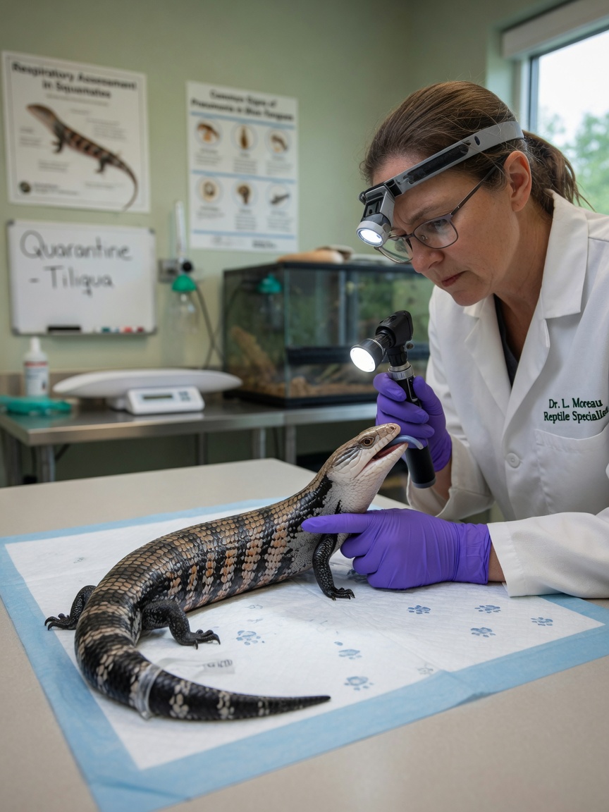 Reptile veterinarian performing respiratory examination on blue-tongued skink at clinic