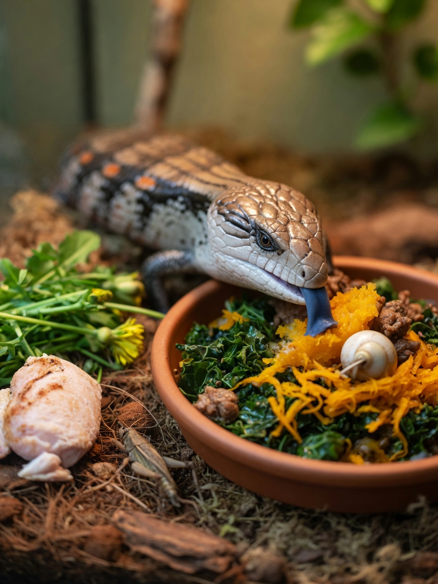 Blue-tongued skink feeding on balanced omnivore diet of greens, vegetables, and protein sources