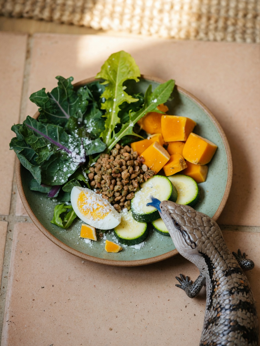 A blue-tongued skink feeding bowl with mixed vegetables, greens, cat food and egg, with the skink approaching to feed