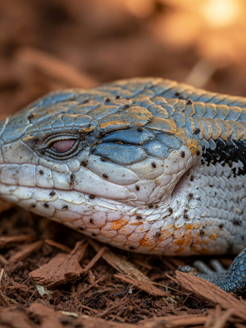 Close-up of blue-tongued skink skin showing mite infestation with tiny dark parasites visible on scales and around the eye