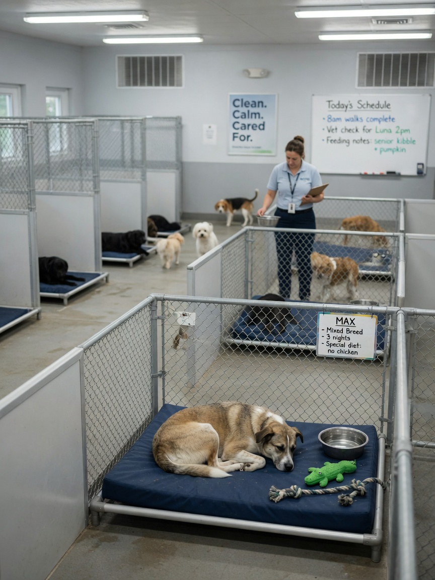 Professional boarding kennel interior showing individual dog run with comfortable bedding and toys
