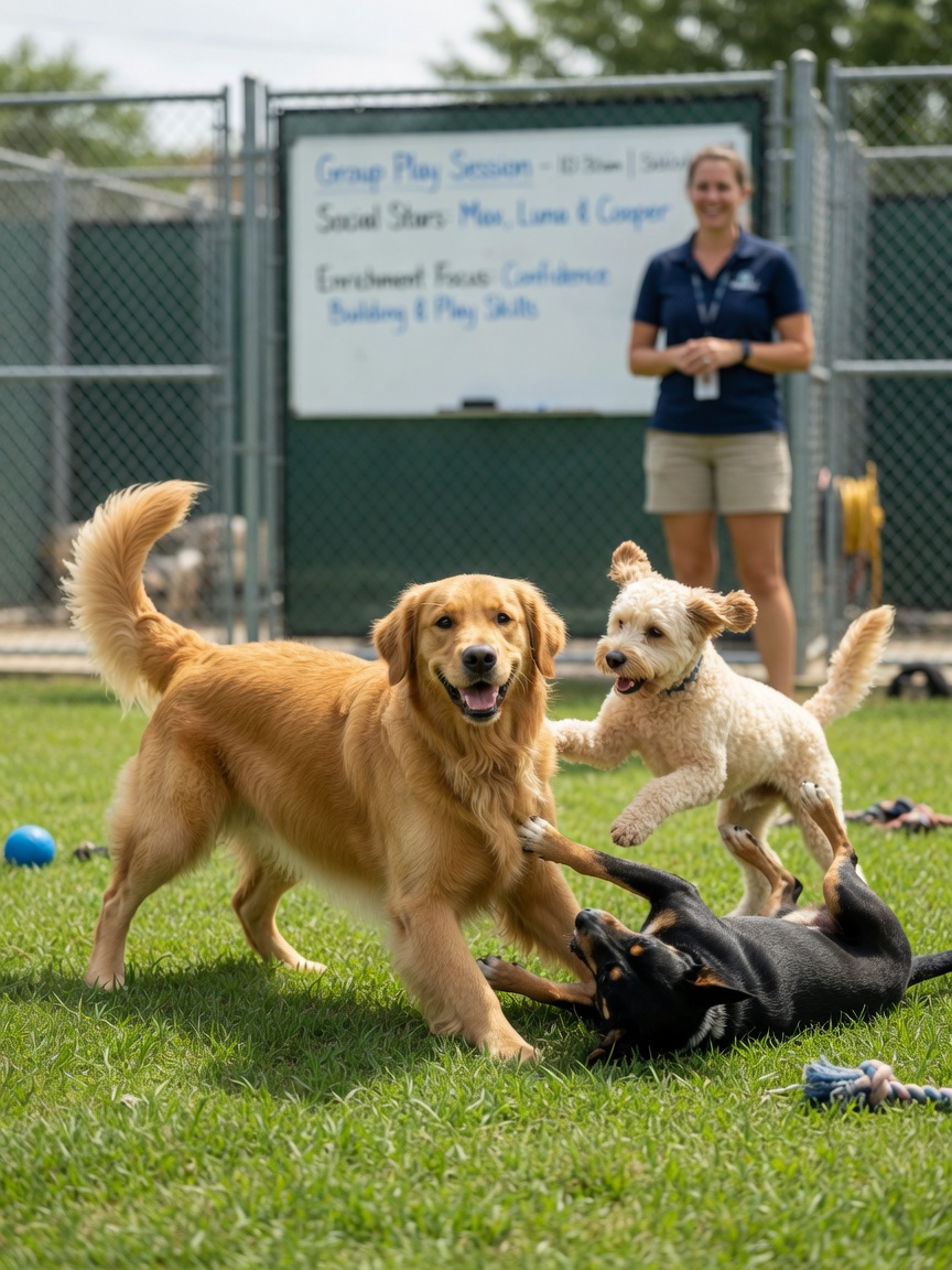 Confident Golden Retriever playing happily with other dogs during a kennel group play session