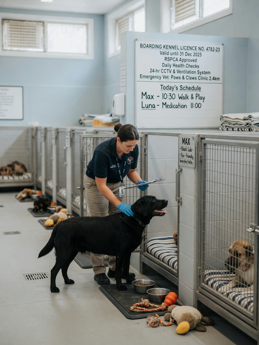 Professional kennel staff member attending to a black Labrador in a clean, well-equipped boarding facility with secure enclosures