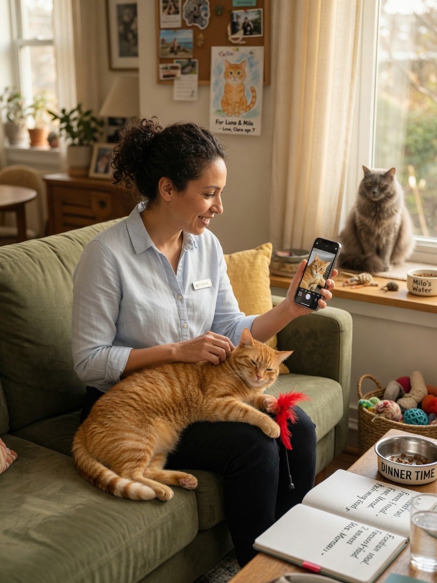 Professional pet sitter engaged with an orange tabby cat on a home sofa while capturing photos or video updates for the owner