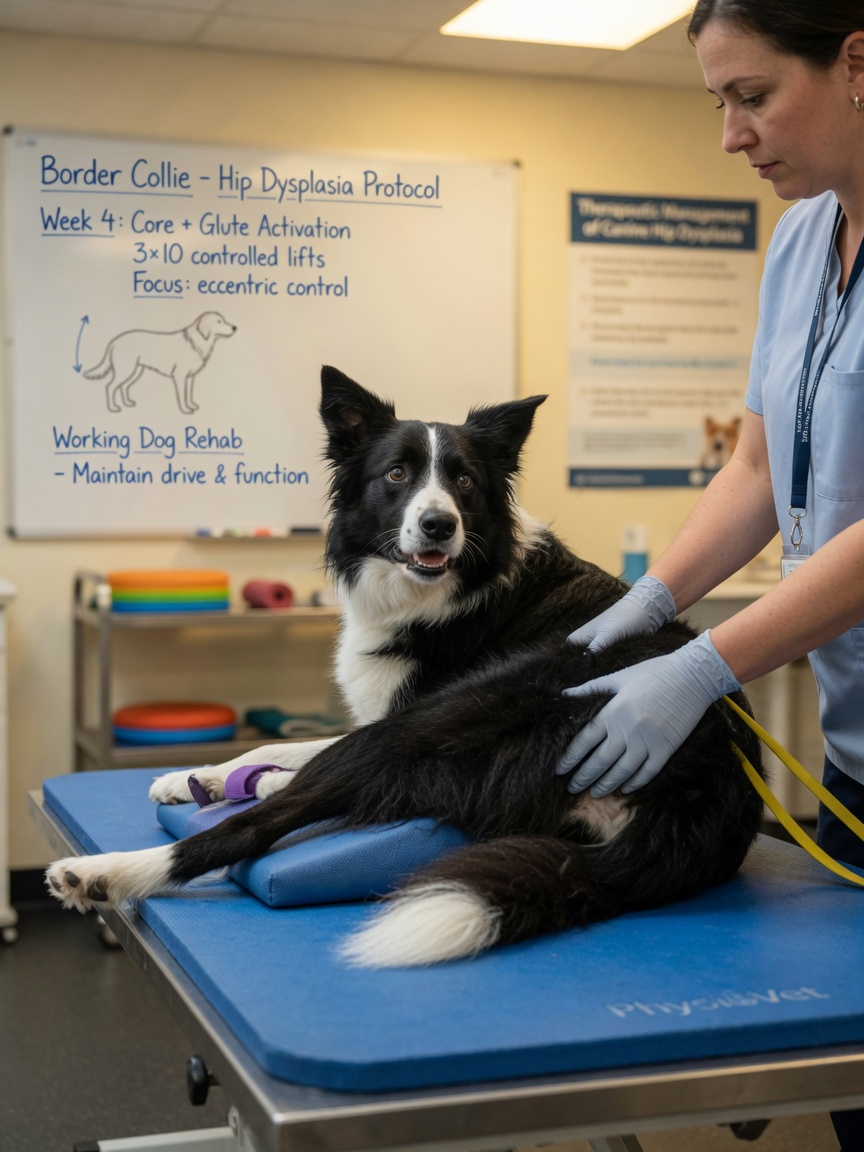 A Border Collie performing therapeutic conditioning exercises with a canine physiotherapist to support hip health