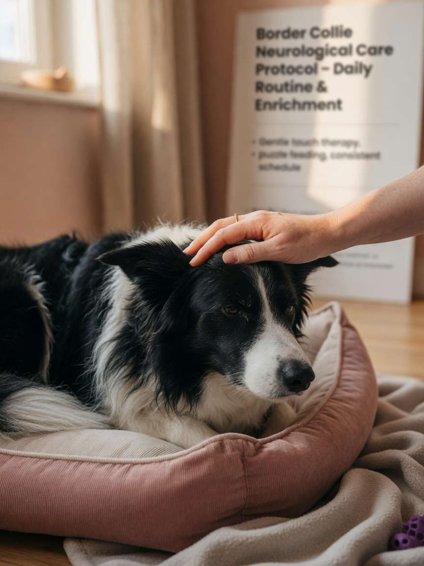 A Border Collie resting peacefully on a soft bed with owner's hand gently stroking its head in warm natural light