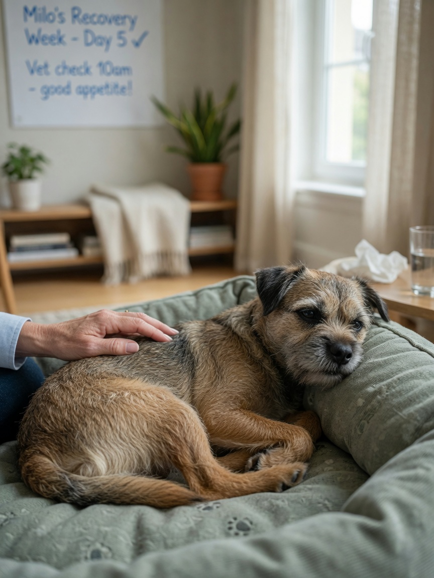 Border Terrier che riposa pacificamente a casa dopo il recupero da un episodio di CECS