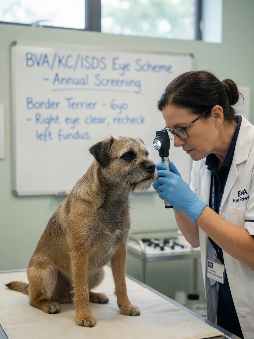 Border Terrier sottoposto a esame oculistico annuale per lo screening della PRA da parte di un oftalmologo veterinario