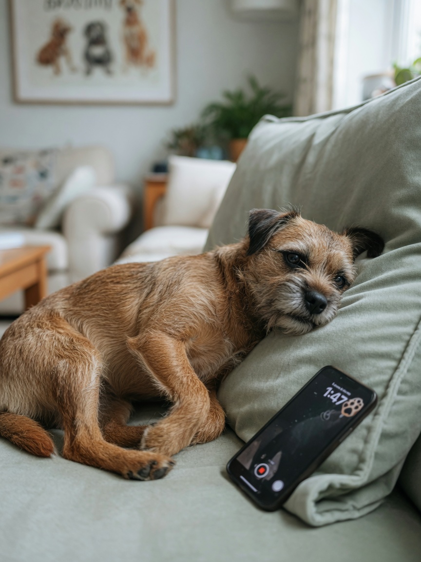 Border Terrier experiencing muscle tremors during an episode, being recorded on a smartphone for veterinary assessment