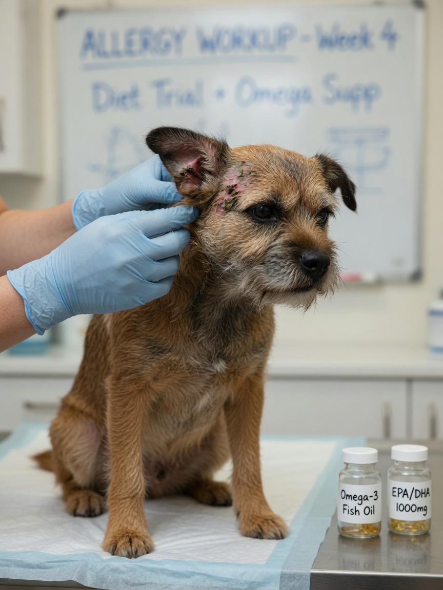 Veterinarian examining inflamed and irritated skin on a Border Terrier's face and ears during an allergy assessment