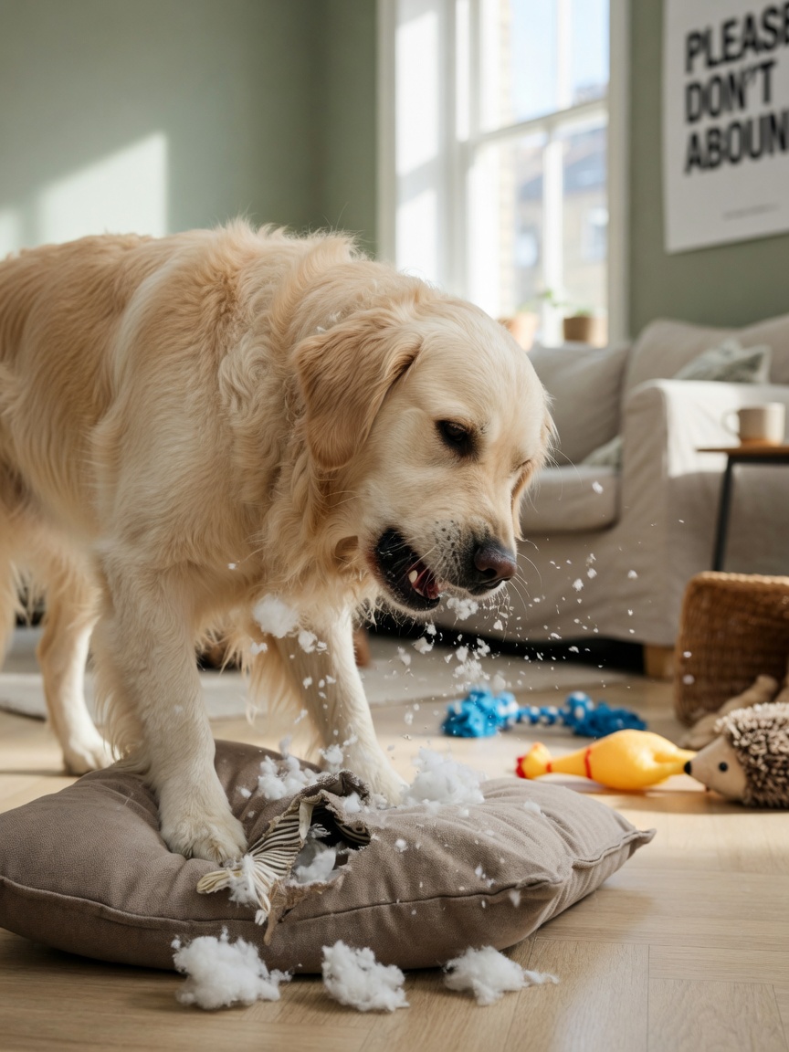 Golden Retriever actively destructively chewing a cushion, demonstrating boredom-related behavioural problem