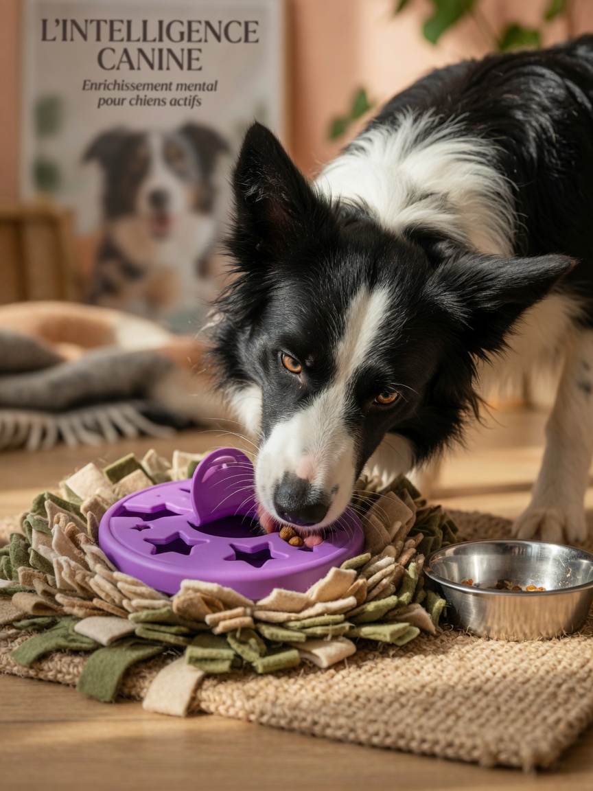 Border Collie mentally engaged with puzzle feeder and snuffle mat, demonstrating effective enrichment and cognitive stimulation