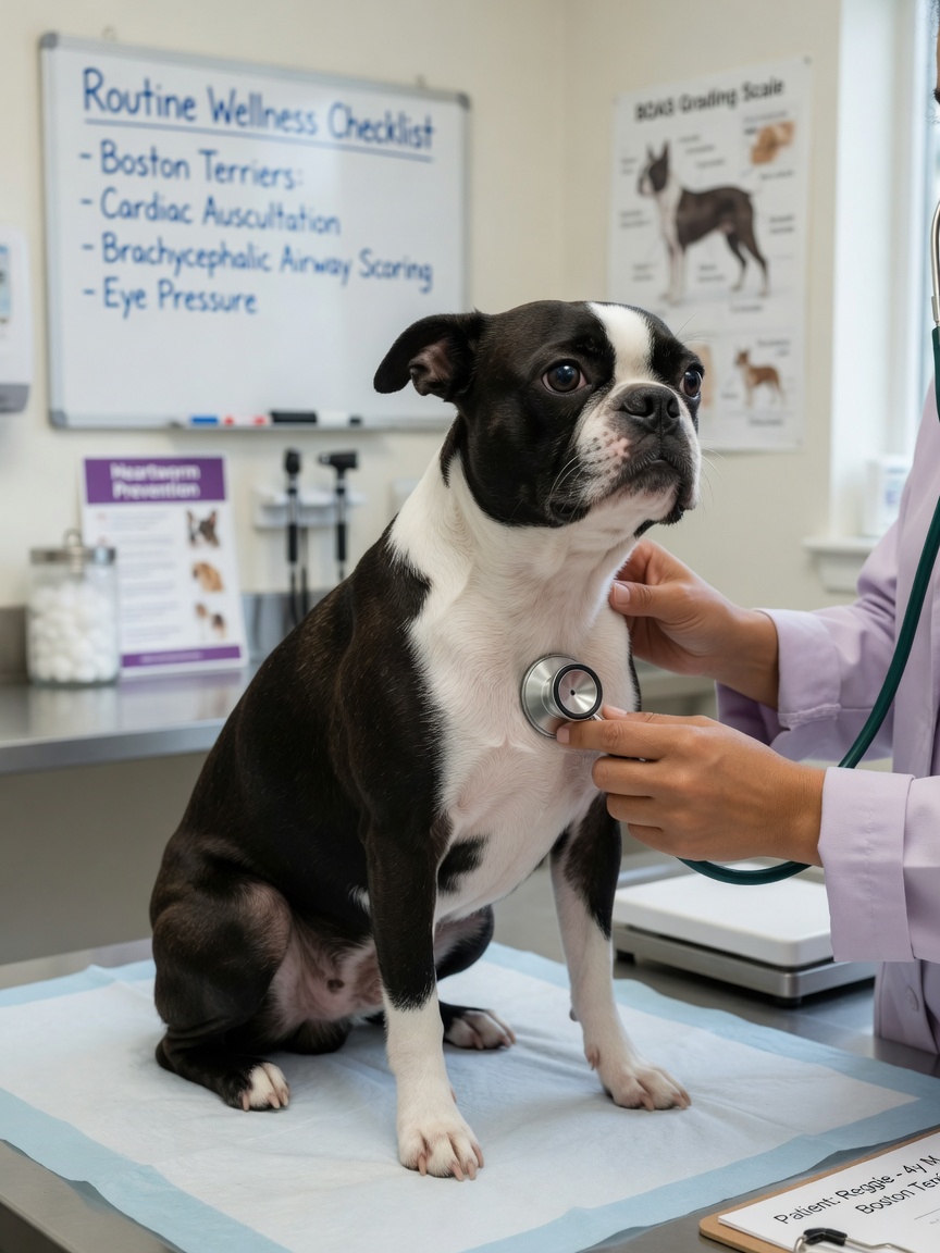 Veterinarian examining a Boston Terrier with stethoscope during health checkup