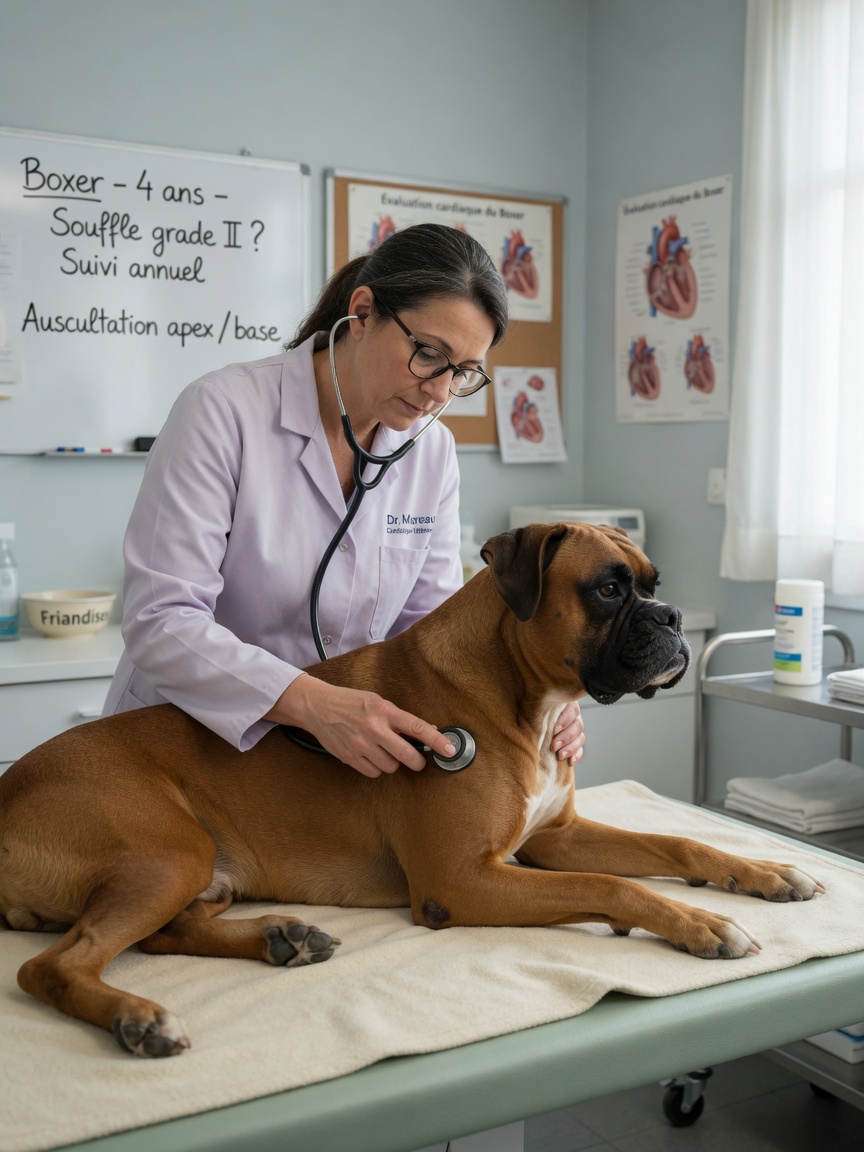 Veterinary cardiologist using a stethoscope to examine a calm fawn Boxer dog's chest during cardiac assessment.