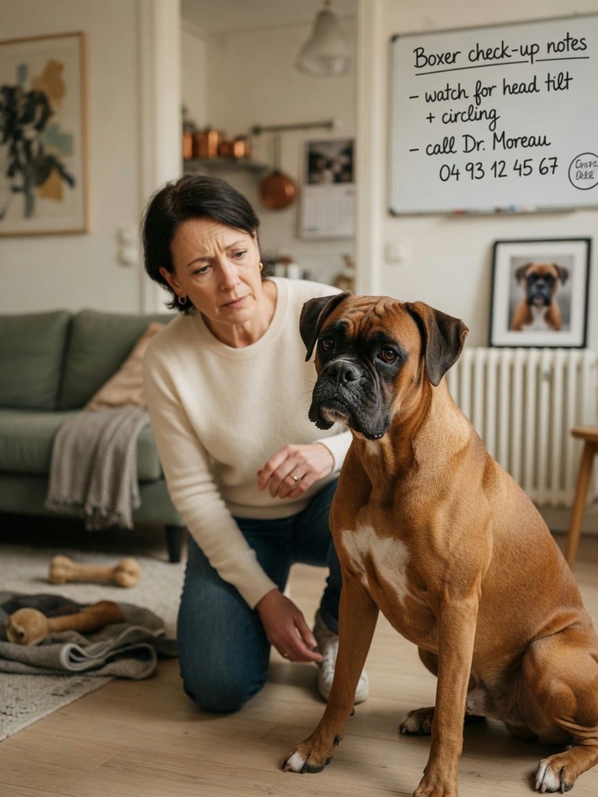 A Boxer owner attentively watching their muscular fawn Boxer dog indoors, demonstrating vigilant observation for health changes.
