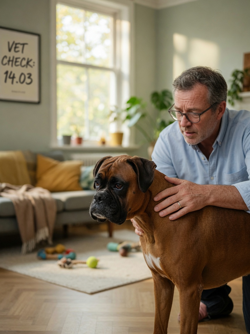 Boxer dog showing signs of weakness with owner's reassuring hand during ARVC episode recovery at home