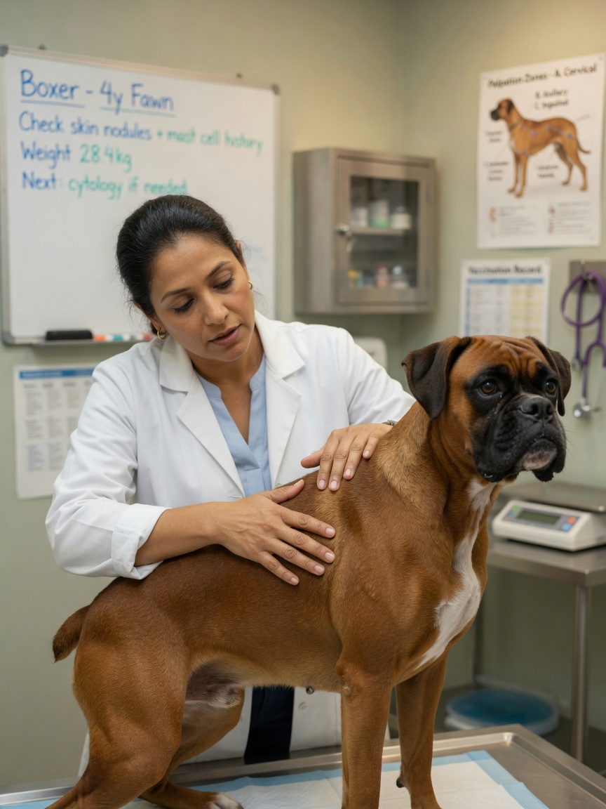 Veterinarian performing physical examination and palpation on Boxer dog to screen for mast cell tumors