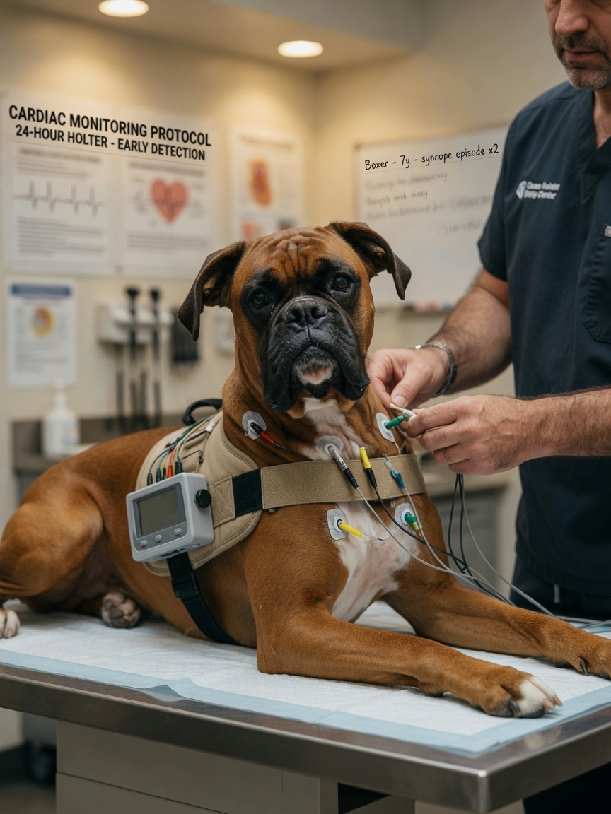 Boxer portant un dispositif de moniteur Holter pour une surveillance du rythme cardiaque de 24 heures lors du dépistage de la CVDA