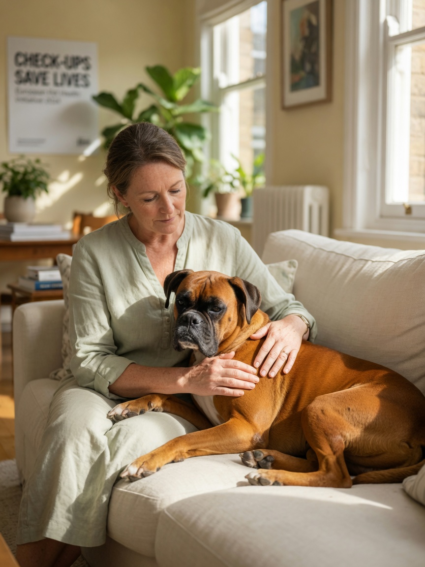 Owner gently monitoring a healthy Boxer's heart at home with a caring touch