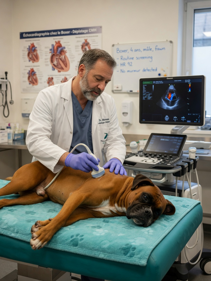 Veterinary cardiologist performing cardiac ultrasound examination on a healthy Boxer dog
