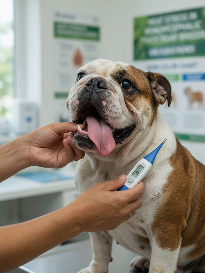 Veterinarian examining overheated English Bulldog showing signs of heat stress during emergency assessment