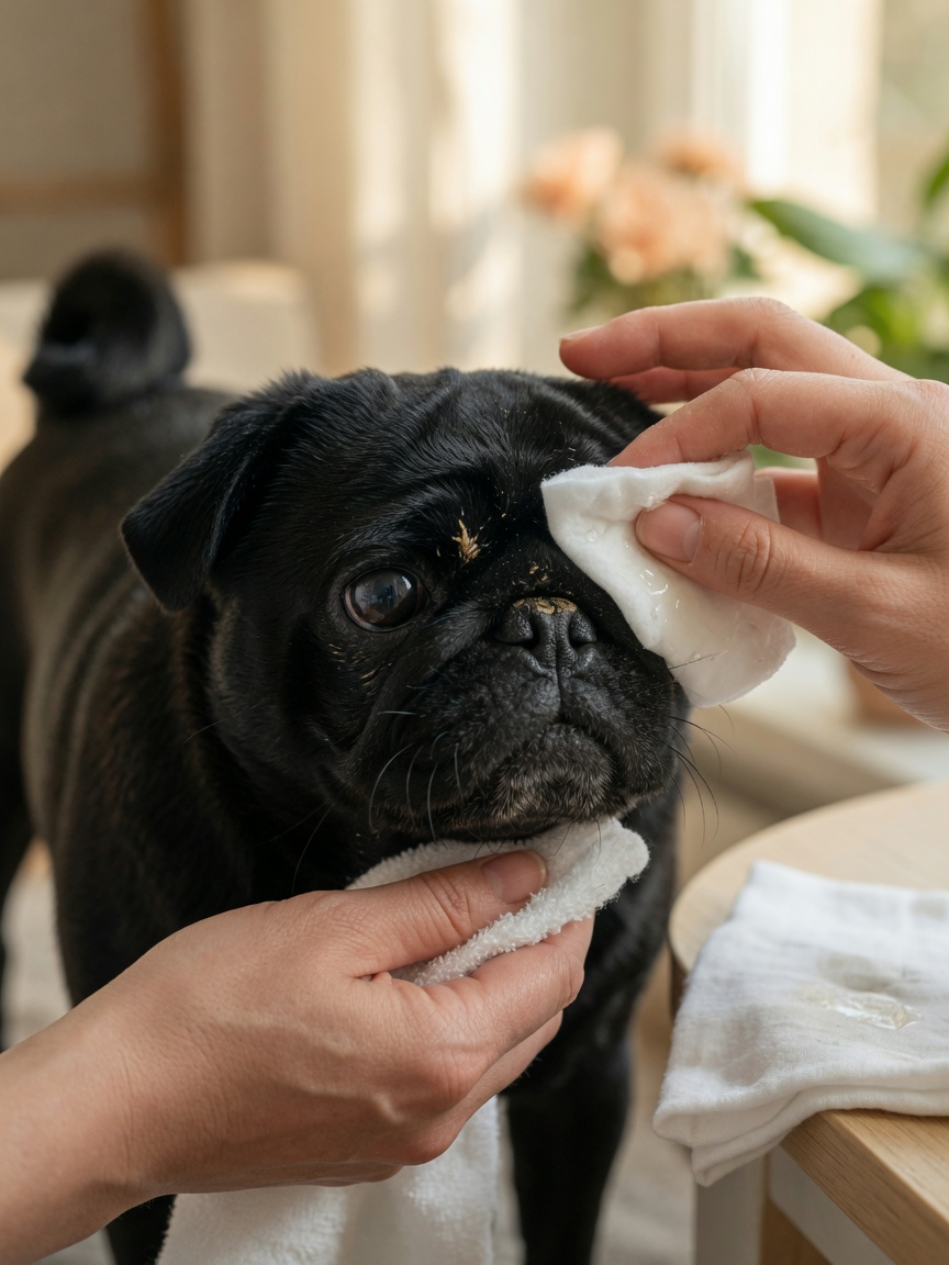 Daily facial fold cleaning of a black Pug showing proper technique for preventing fold dermatitis and infection