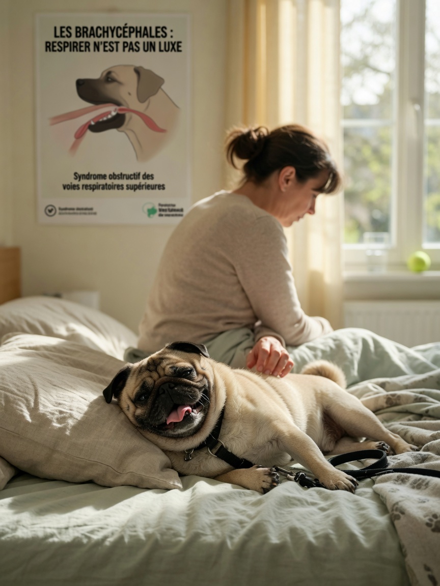 Fatigued Pug resting after minimal exercise with owner watching nearby