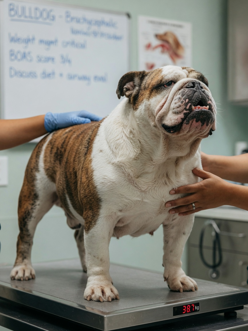 Overweight English Bulldog being assessed on veterinary scale showing excess weight impact on airway