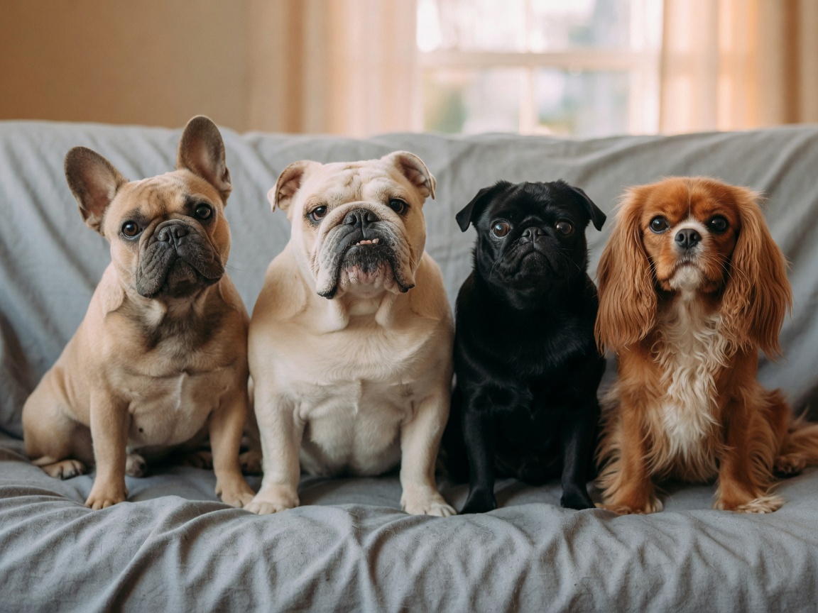 Four brachycephalic dog breeds showing their characteristic flat-faced features