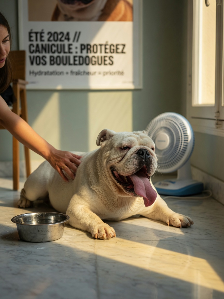 English Bulldog displaying signs of heat stress and difficulty breathing on a hot day