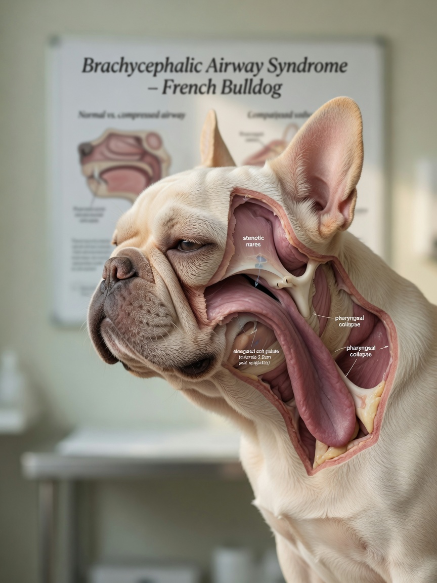 French Bulldog head profile showing brachycephalic skull compression and airway anatomy