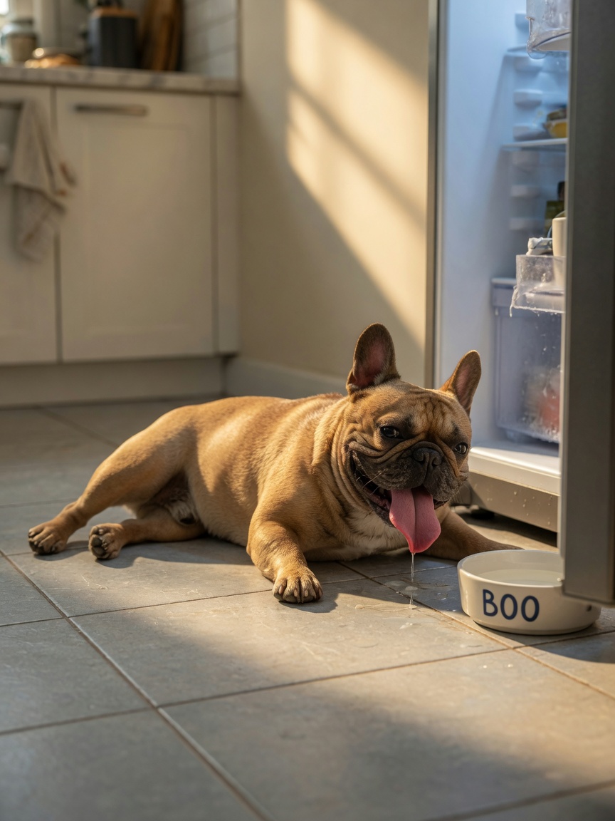 French Bulldog overheating and panting heavily on kitchen floor during warm weather