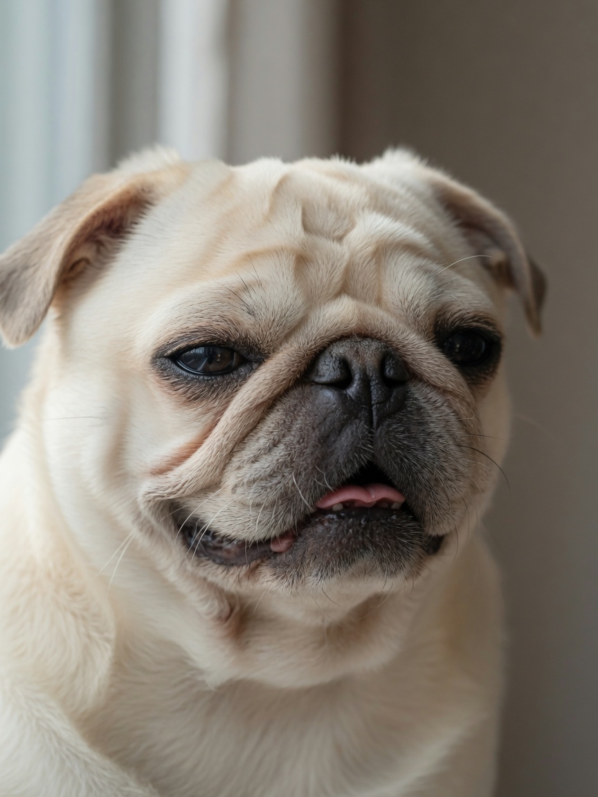 Close-up of a pug's face showing stenotic nares with characteristically narrow nostril openings
