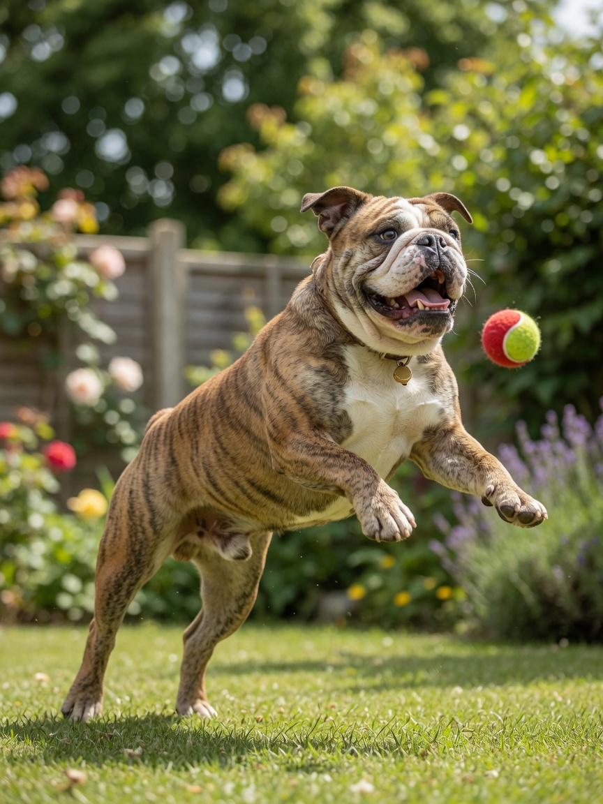 A British Bulldog playing fetch in a garden, demonstrating improved exercise tolerance and quality of life after BOAS surgery