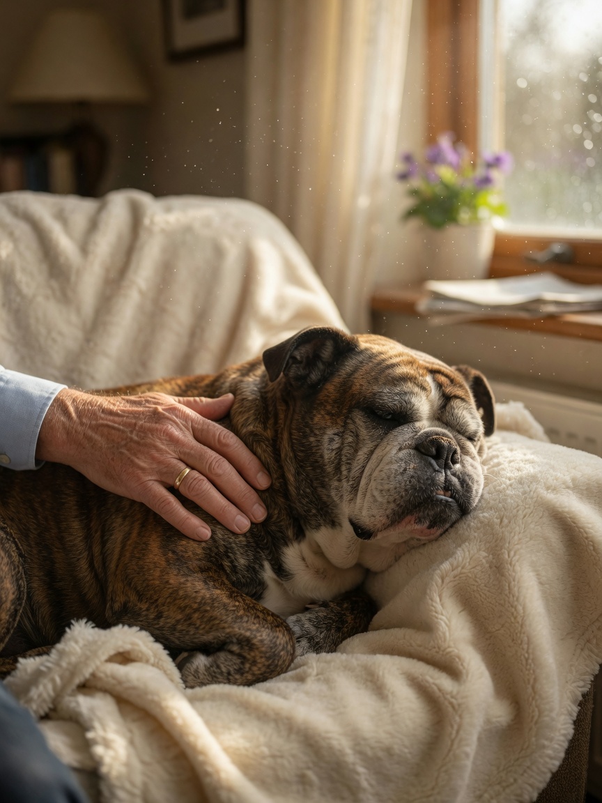 Elderly Bulldog resting peacefully on soft blanket with owner's gentle hand, tender end-of-life care moment