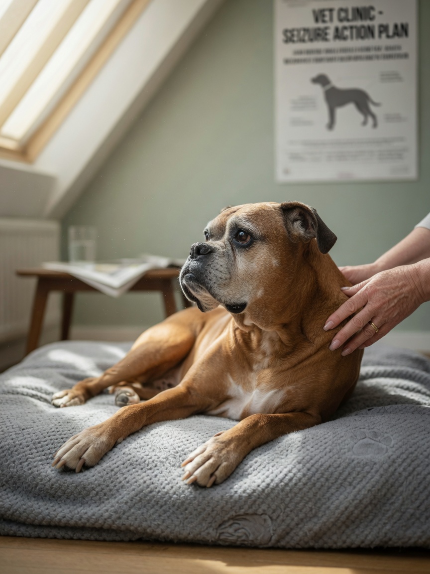 Elderly Boxer dog experiencing seizure while resting on blanket with owner's supportive hand nearby