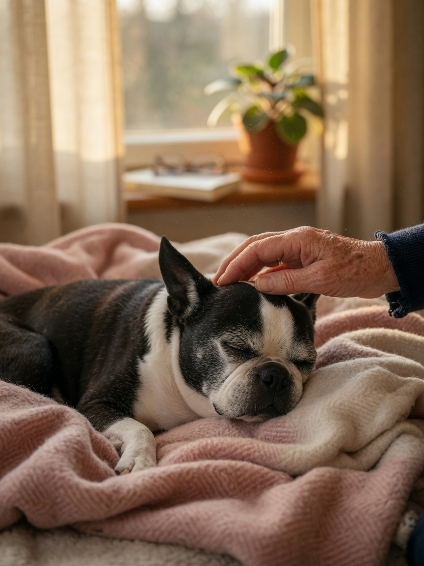 Senior Boston Terrier resting peacefully on soft blanket with owner's gentle hand in warm light