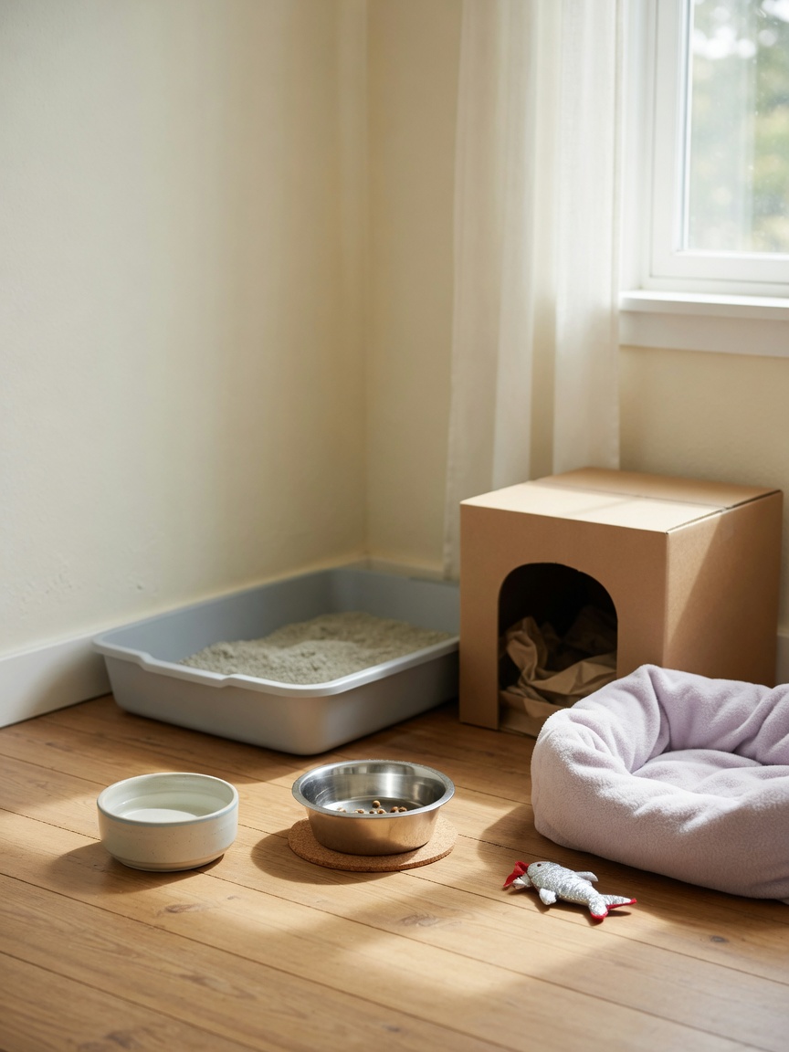 A prepared kitten base room with litter tray, food and water bowls, hiding box, and soft bedding