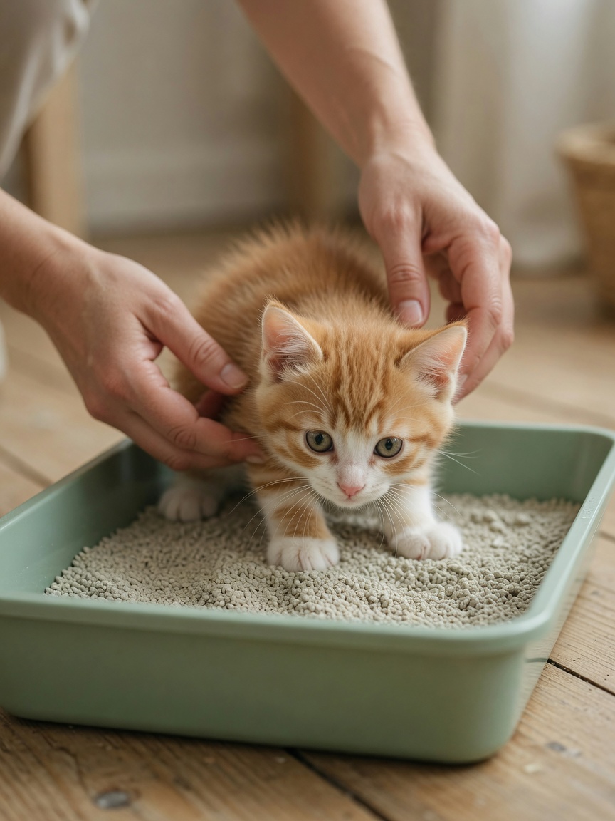 A young kitten being gently introduced to a litter tray for the first time