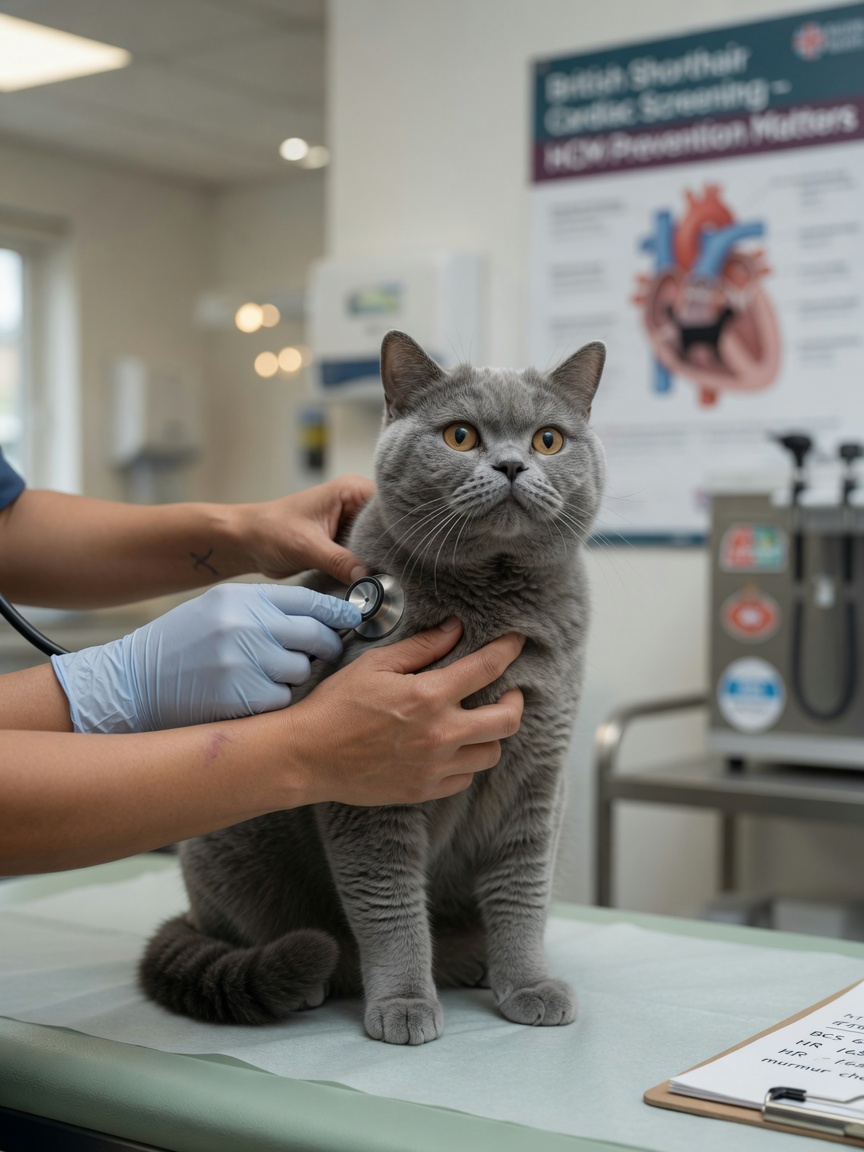 A British Shorthair cat undergoing a gentle cardiac health examination by a veterinarian's hands on an examination table